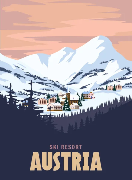 Österreich Skigebiet Plakat Retro Alpes Winterreisekarte Bergdorf Jahrgang Vektorillustration — Stockvektor