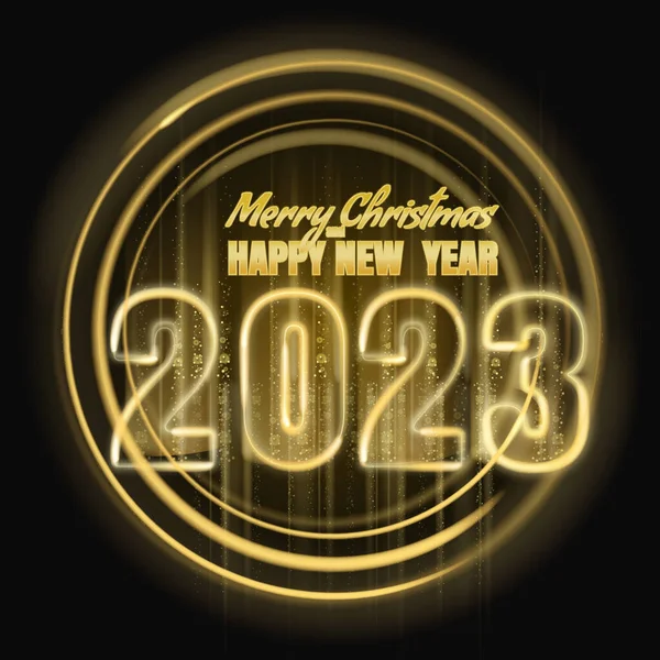 Vrolijk Kerstfeest Gelukkig Nieuwjaar 2023 Gouden Lichten Stofdecoratie Gouden Magische — Stockvector