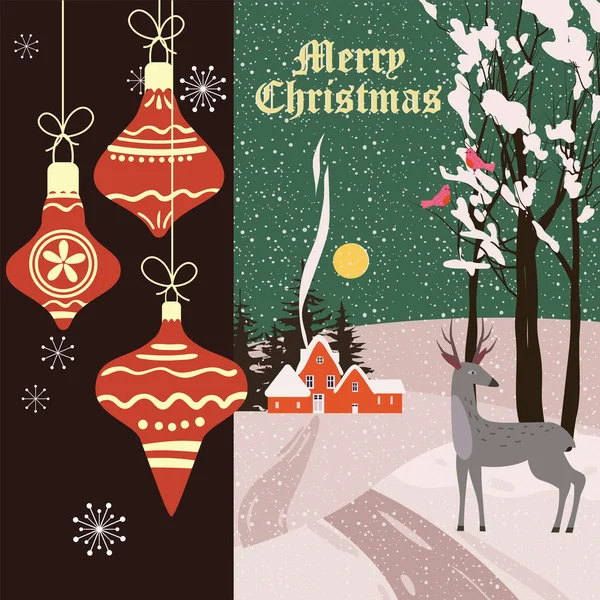 Vintage Merry Christmas Greeting Card Background Christmas Balls Winter Village — Stock Vector