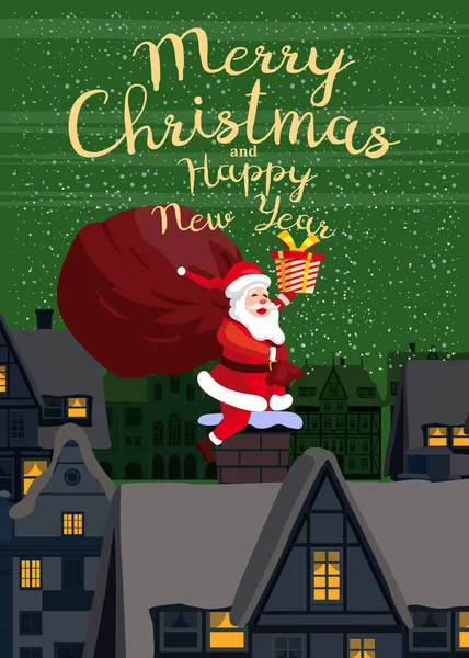 屋顶上的圣诞老人用烟囱送礼物 圣诞快乐海报 老欧洲城市 矢量图解卡通风格 — 图库矢量图片