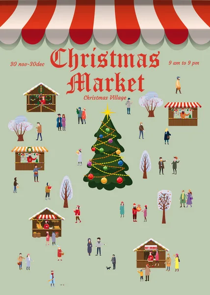 Αφίσα Χριστουγεννιάτικη Αγορά Φόντο Χριστουγεννιάτικη Κάρτα Διακοσμημένο Χριστουγεννιάτικο Δέντρο Άνθρωποι — Διανυσματικό Αρχείο