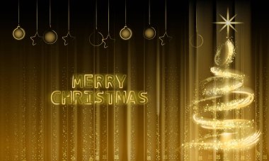 Mutlu Noeller, ağaçların altın ışıkları toz süslemesi, koyu arkaplanda bulanık altın bir büyü. Mutlu noel kutlamaları. Vektör illüstrasyon tebrik kartı izole edildi