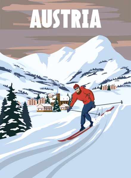 Österreich Skigebiet Plakat Retro Alpes Winterreisekarte Skifahrer Auf Der Piste — Stockvektor