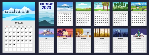 Календар 2023 Ландшафтні Природні Фони Планування Чотирьох Сезонів Зима Країна — стоковий вектор