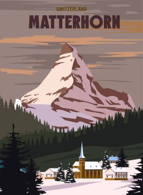 Matterhorn Kayak Tesisi posteri, retro. Alpes Winter seyahat kartı, dağ köyünün eski manzarası. Vektör illüstrasyonu