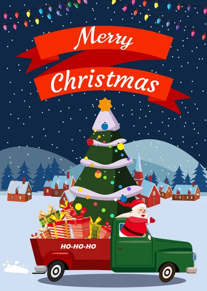 Poster Santa Claus Автомобіль Ретро Доставку Подарунків Векторний Стиль Ілюстрації — стоковий вектор