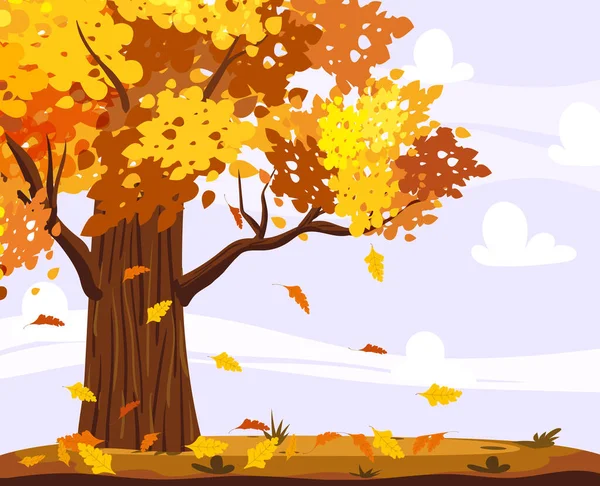 Деревенский Осенний Пейзаж Дубом Желтый Оранжевый Опавшие Листья Сцена Сезона — стоковый вектор