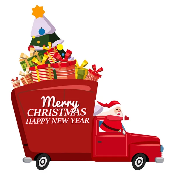 Santa Claus Řídí Staré Retro Auto Náklaďák Vánoční Stromeček Dárkové — Stockový vektor