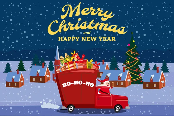 Feliz Navidad Poster Santa Claus Conduce Viejo Coche Retro Camión — Vector de stock