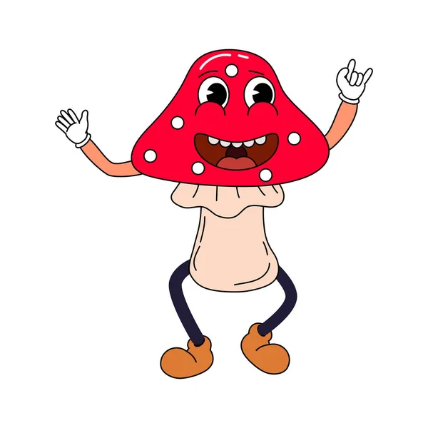 Mushroom Funny Retro Comic Christmas Character Gloved Hands Trendy Cartoon — Stock Vector