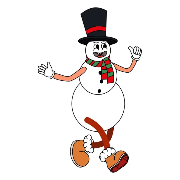 Snowman Cartoon Funny Retro Comic Christmas Character Gloved Hands Trendy — Stock Vector