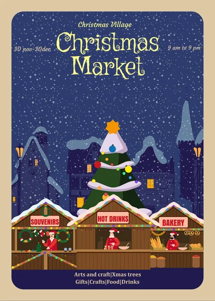 Šablona Plakátu Vánoční Trh Vánoční Pohlednice Vyzdobeným Vánočním Stromečkem Stánky — Stockový vektor