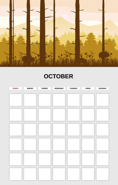Kalenderplaner Oktober Monat Minimalistische Landschaft Natürliche Hintergründe Herbst Monatliche Vorlage — Stockvektor