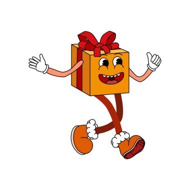 Hediye Kutusu Çizgi Filmi komik eski çizgi roman karakteri, eldivenli eller, modaya uygun çizgi film tarzı. Moda çizgi filmlerinin çıkartması, klasik karakter