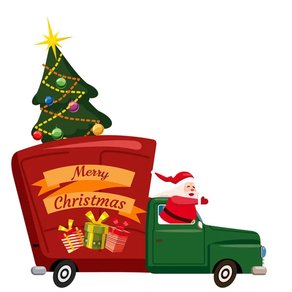 Funny Santa Claus Drives Old Retro Car Truck Delivery Christmas — Stock Vector