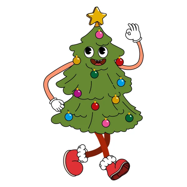 Christmas Tree Cartoon Funny Retro Comic Christmas Character Gloved Hands — Stock Vector