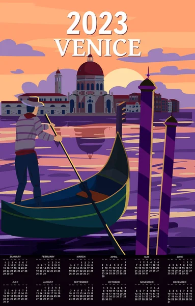 Månadskalender 2023 Venedig Italia Affisch Retro Stil Solnedgång Canal Gondolier — Stock vektor