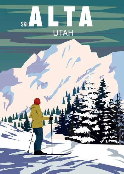 Alta Ski Travel Resort Plakát Vintage Utah Usa Zimní Krajina — Stockový vektor