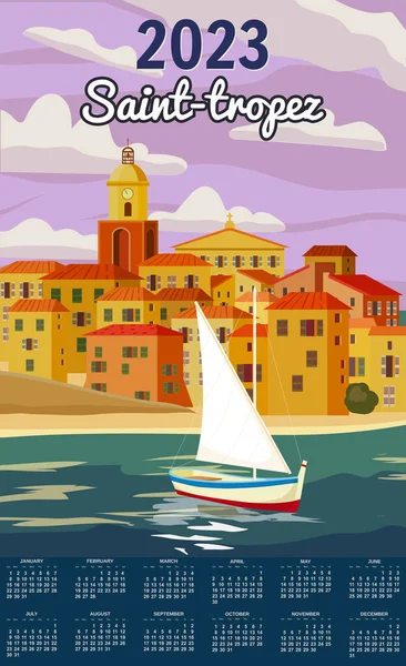 Aylık Takvim 2023 Yılı Saint Tropez Fransa Seyahat Posteri Eski — Stok Vektör