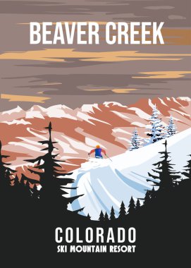 Kunduz Deresi Kayak Tatil Köyü posterleri. Colorado ABD kış manzarası seyahat kartı, kayakçı yokuş aşağı kayak, kar dağı manzarası, klasik. Vektör illüstrasyonu