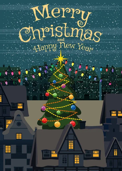 圣诞快乐 圣诞海报 古老的小镇 广场上的圣诞树 矢量图解卡通风格 卡片模板 — 图库矢量图片