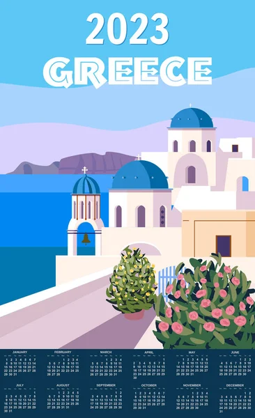 Μηνιαίο Ημερολόγιο 2023 Έτος Ελλάδα Poster Travel Ελληνικά Λευκά Κτίρια — Διανυσματικό Αρχείο