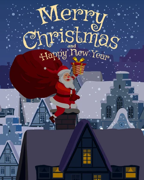 屋顶上的圣诞老人用烟囱送礼物 圣诞快乐海报 老欧洲城市 矢量图解卡通风格 — 图库矢量图片
