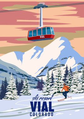 Vial Ski Travel resort poster vintage. Colorado USA winter landscape travel card, ski lift gondola, skier, view on the snow mountain, vintage. Vector illustration clipart