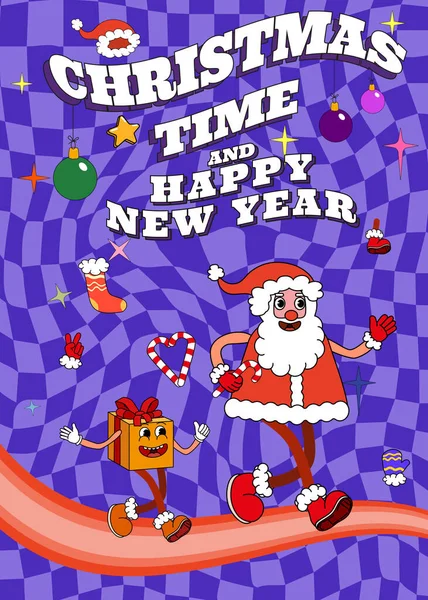 Groovy Hippie Christmas Poster Santa Claus Gift Box Trendy Retro — Stock Vector