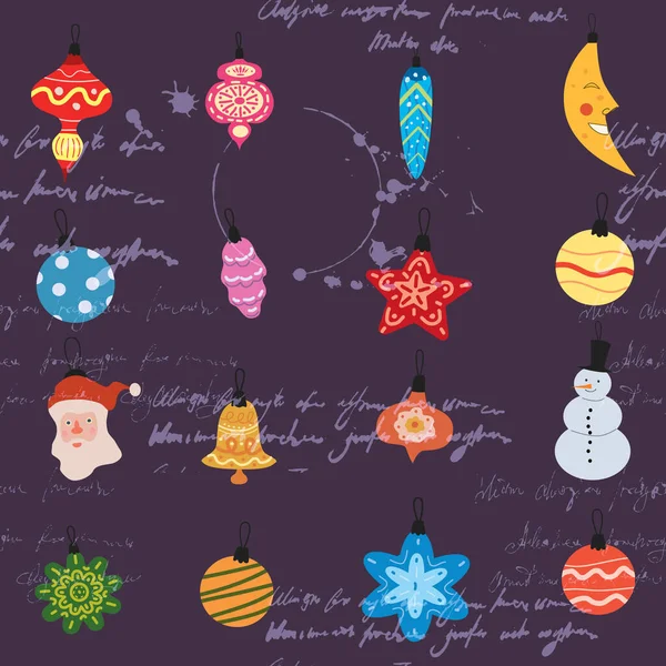 Retro Christmas Seamless Pattern Balls Toys Unreadable Text Doodle Vintage — Stock Vector