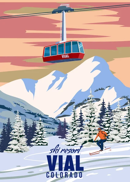 Vial Ski Travel度假村海报复古风格 科罗拉多州冬季风景旅游卡 滑雪升降吊艇 滑雪者 看雪山 矢量说明 — 图库矢量图片