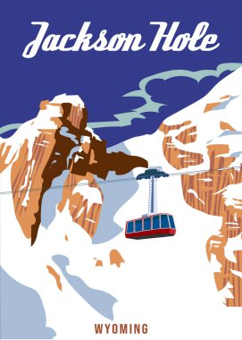 Jackson Hole tatil köyünün eski posterleri. Wyoming ABD kış manzarası seyahat kartı, teleferik teleferiği, kar dağı manzarası, retro. Vektör illüstrasyonu