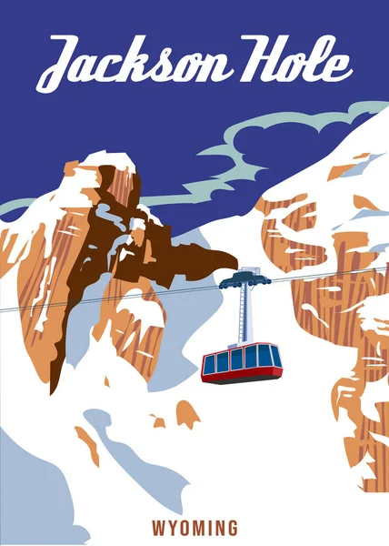 旅游海报杰克逊洞度假胜地复古 怀俄明州冬季风景旅游卡 滑雪升降贡多拉 看雪山 矢量说明 — 图库矢量图片