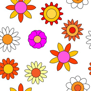 Havalı hippi çiçeğinin kusursuz deseni. Renkli çiçekler, modaya uygun arka plan, 70 'lerin modası. Vektör illüstrasyon çizgi film baskı duvar kağıdı, kağıt