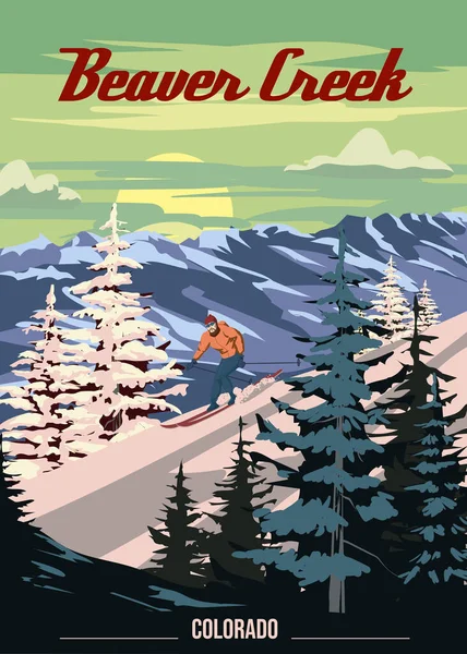 Beaver Creek Ski Travel Resort Plakát Vintage Colorado Usa Zimní — Stockový vektor