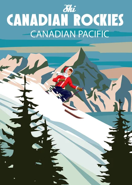 Plakat Podróży Canadian Rockies Ośrodek Narciarski Vintage Zimowy Widok Kanadę — Wektor stockowy