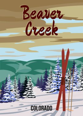 Ski Travel tatil köyünün klasik Beaver Creek posterleri. Colorado ABD kış manzaralı seyahat kartı, kayaklar, kar dağı manzaralı, retro. Vektör illüstrasyonu