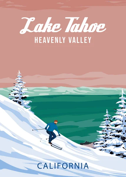 Tahoe Gölü Kayak Tatil Köyü Posterleri Kaliforniya Abd Kış Manzaralı — Stok Vektör