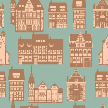 Medieaval Old city seamless pattern, flat style. Autumn landscape city architecture. Wrapping paper, wallpaper background