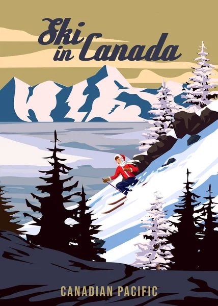Reisposter Ski Canada Resort Vintage Canada Winterlandschap Uitzicht Skiër Sneeuwberg — Stockvector
