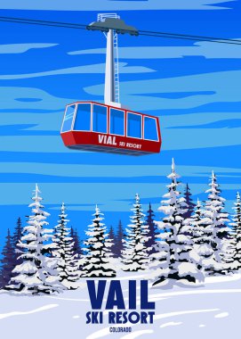 Ski Travel resort poster vintage Vail. Colorado USA winter landscape travel card, ski lift gondola, view on the snow mountain, retro. Vector illustration clipart