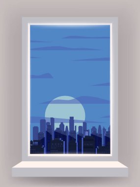 Pencere içi, gece kenti, gökdelenler, binalar, ay vektörü çizimi izole edilmiş şablon