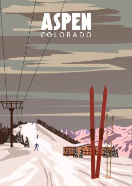 Tatil afişi Aspen Kayağı. Colorado ABD kış manzaralı seyahat kartı, kayak kaldırma, dağ köyünün klasik manzarası. Vektör illüstrasyonu