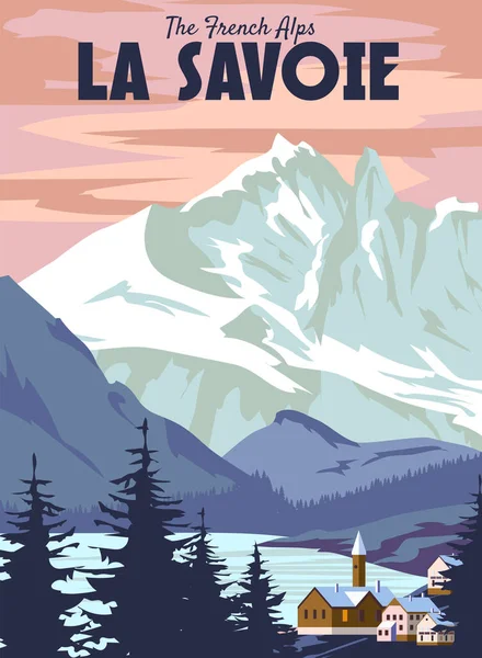 Savoie Hiihtokeskus Juliste Retro Talvi Matkakortti Näkymä Vuoristokylään Vuosikerta Vektoriesimerkki — vektorikuva