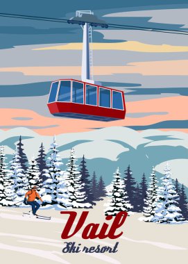 Ski Travel resort poster vintage Vail. Colorado USA winter landscape travel card, ski lift gondola, skier, view on the snow mountain, retro. Vector illustration clipart