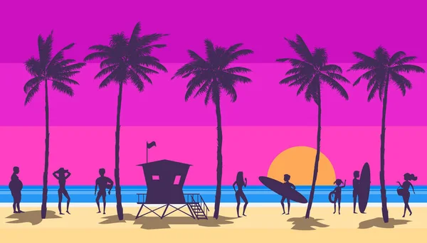 Beach Landscape Lifeguard Station People Vacation Palms Sea Ocean Coast — Stock Vector