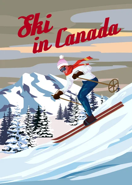 Travel Poster Ski Canada Vintage Canada Winter Landscape Travel View — Vetor de Stock