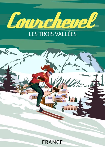 Travel Poster Ski Courchevel Resort Vintage France Winter Landscape Travel — Vetor de Stock