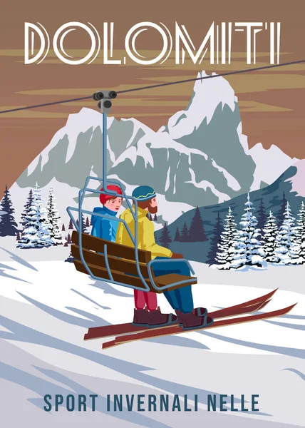 ヴィンテージトラベルポスタースキーヴァル ガーデナリゾート イタリアの冬の風景旅行ビューでは 雪の山 レトロな上のベンチスキーリフトでカップル ベクターイラスト — ストックベクタ