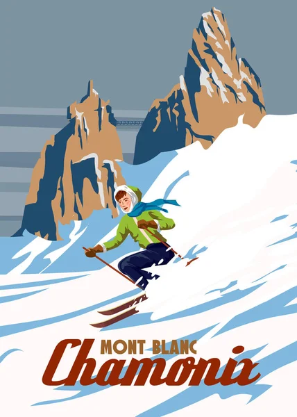 Vintage Travel Poster Ski Chamonix Resort France Winter Landscape Travel — 스톡 벡터